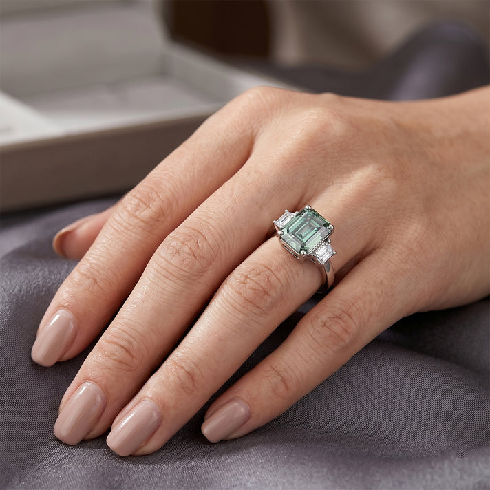 D'Joy - Paraiba Moissanite Trilogy Ring in Rhodium Overlay Sterling Silver 3.80 Ct. 8634697 2
