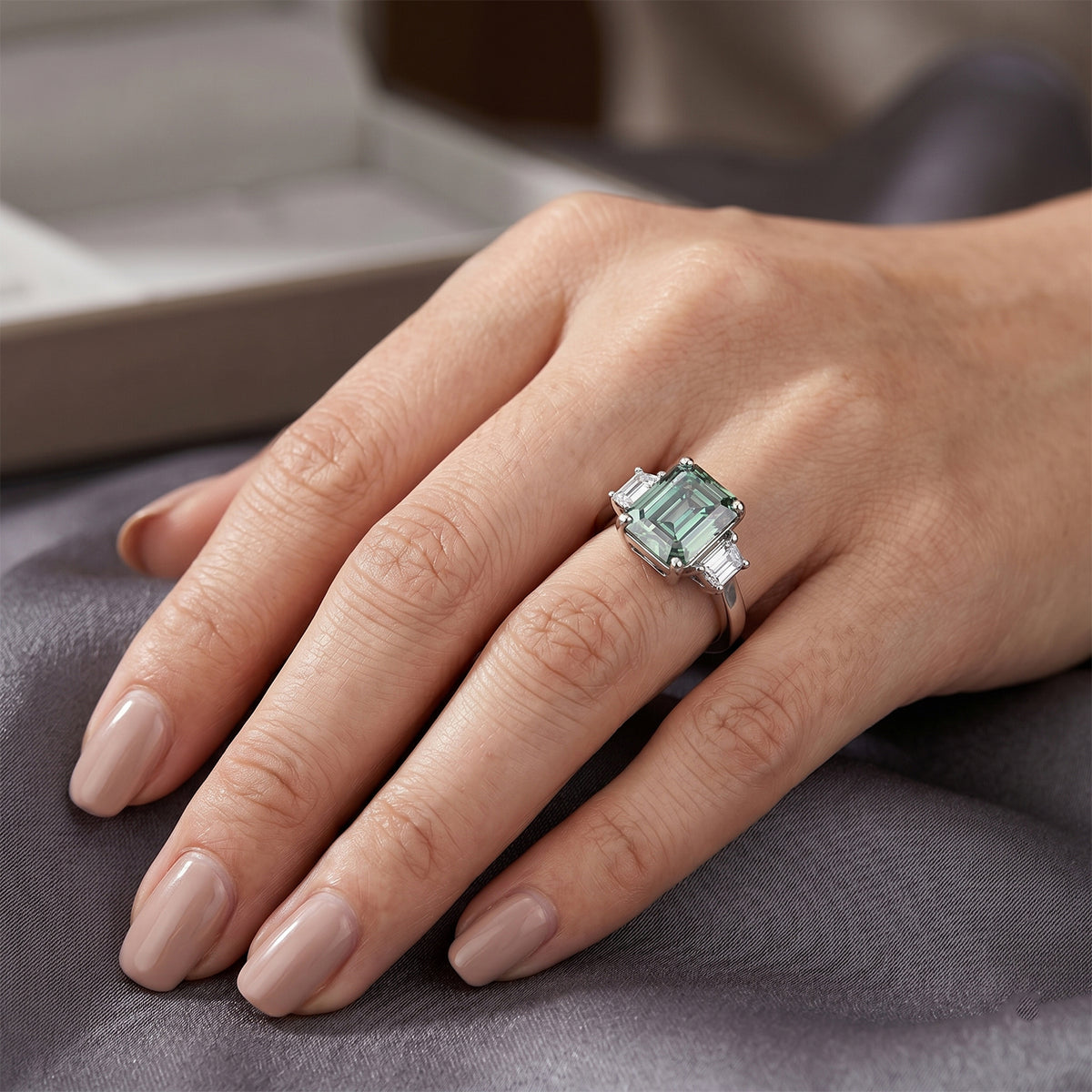 D'Joy - Paraiba Moissanite Trilogy Ring in Rhodium Overlay Sterling Silver 3.80 Ct. V32604026 2