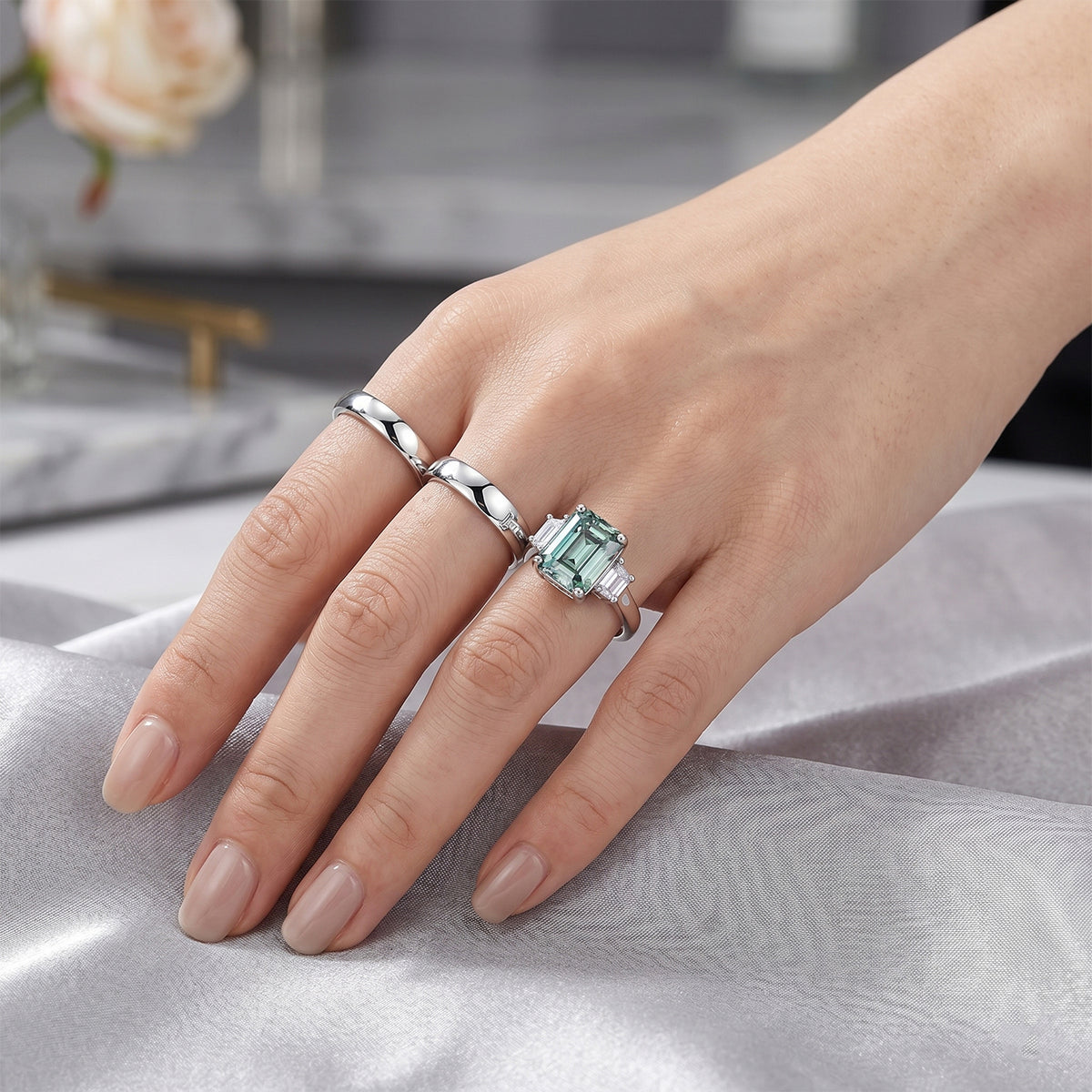 D'Joy - Paraiba Moissanite Trilogy Ring in Rhodium Overlay Sterling Silver 3.80 Ct. V32604026 3