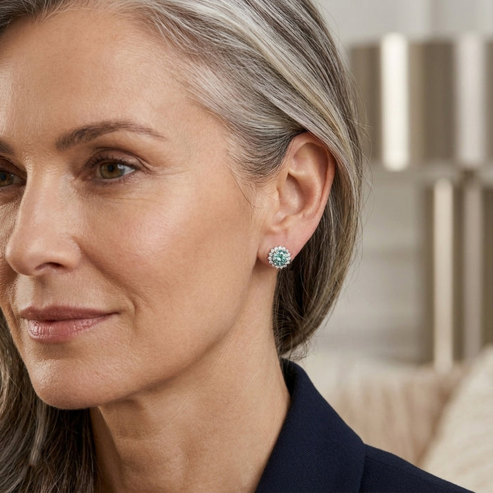 D'Joy - Moissanite Push Back Halo Earring in Rhodium Overlay Sterling Silver 1.90 Ct. 8634881 2