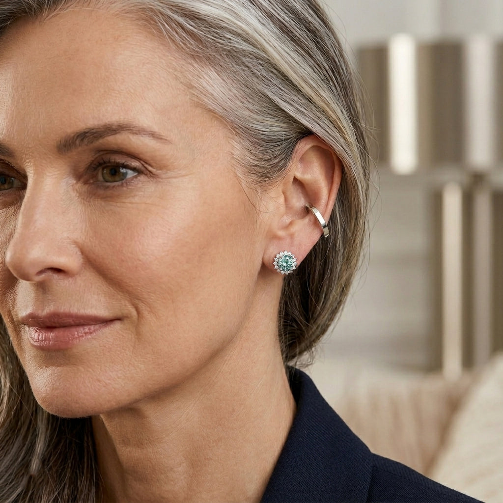 D'Joy - Moissanite Push Back Halo Earring in Rhodium Overlay Sterling Silver 1.90 Ct. V32519331 3