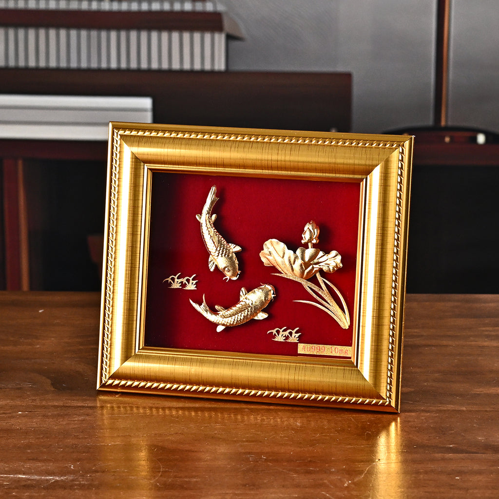 24K Yellow Gold NTGS Certified Foil Painting of Traditional Prosperity & Koi Fish Artwork_8634991_1