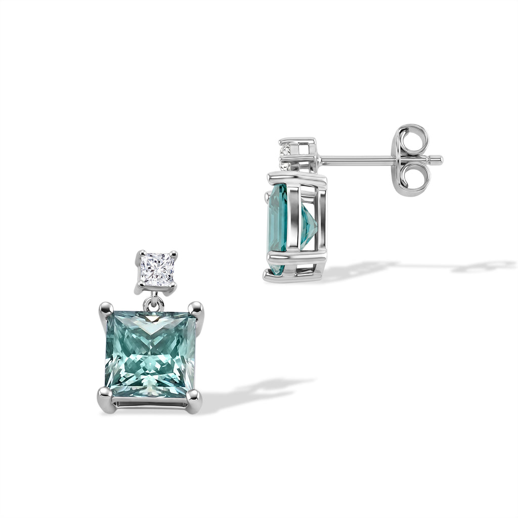 D'Joy - Paraiba Moissanite Dangling Earring with Push Back in Rhodium Overlay Sterling Silver 3.45 Ct._8635039