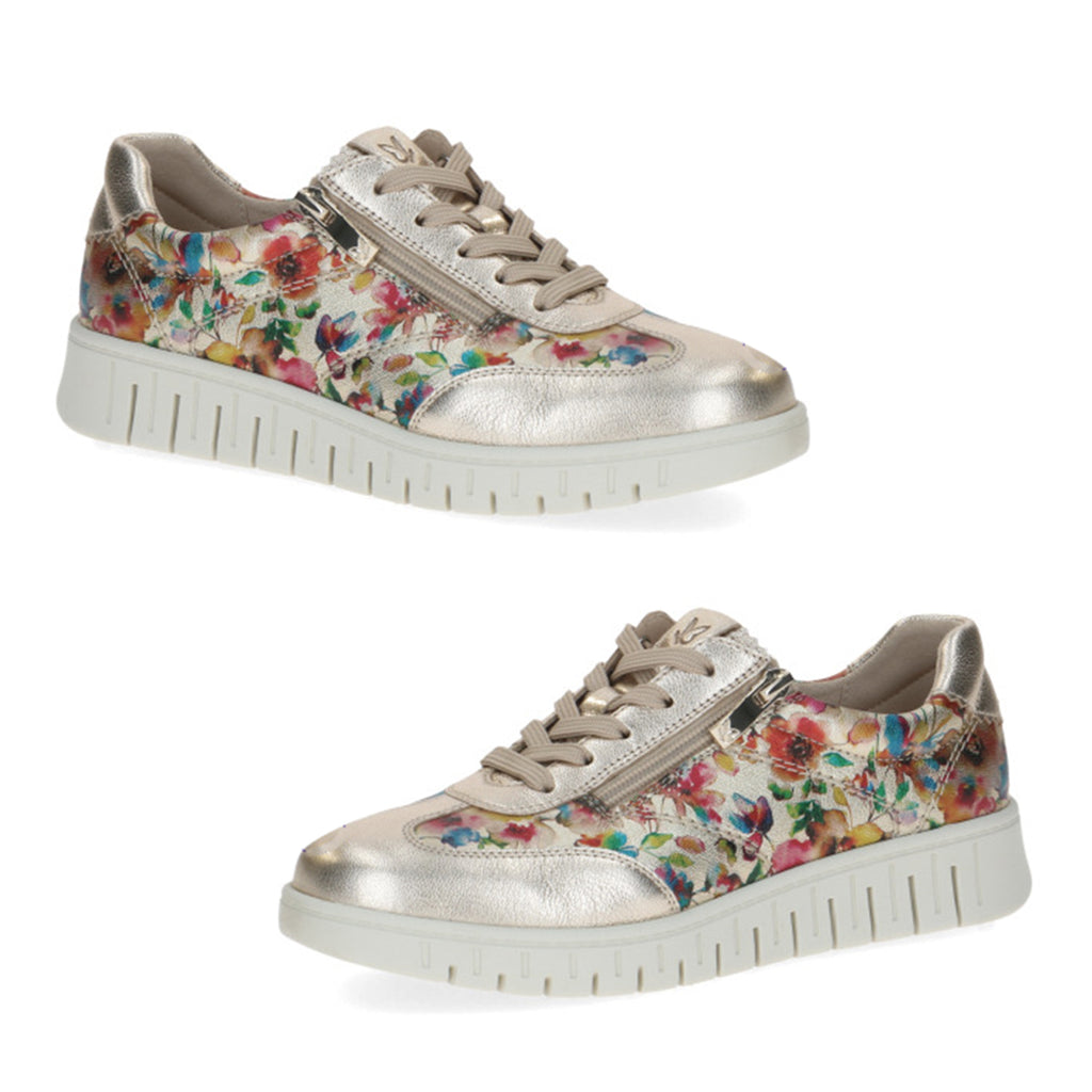 Caprice Fina Womens Metallic Gold Floral Lace-Up Low Top Sneakers with Side Zipper (Size 7) - Floral_8635283