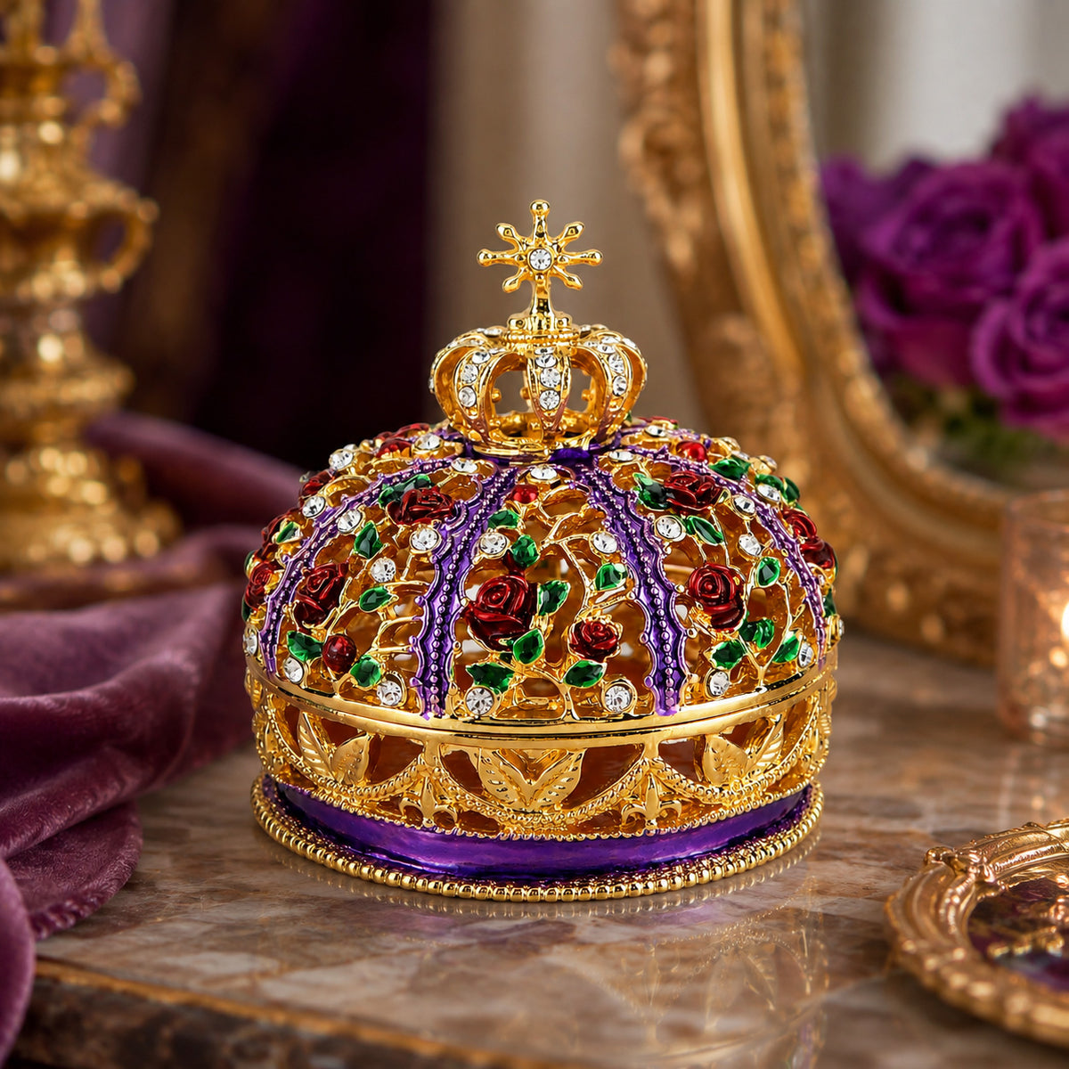 LIVMORE Limited Edition Royal Crown Filigree Rose Enamelled Jewellery Trinket Box (7cm) - Gold, Red &amp; Purple V32705922 2