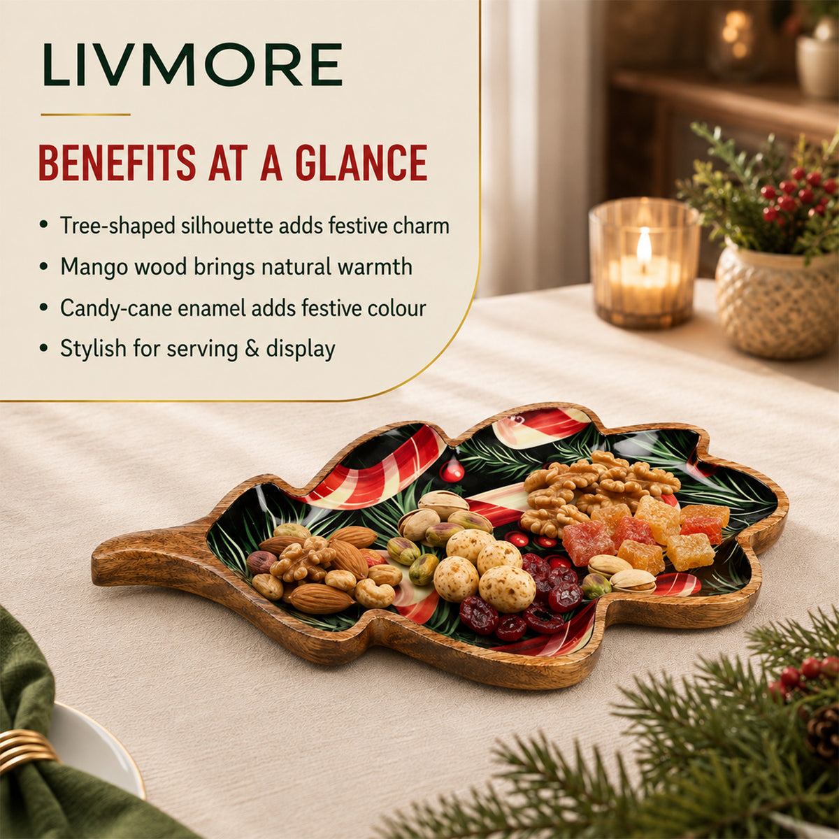 LIVMORE Mango Wood Handcrafted Wooden Platter (Size- 30x15x2 cm)- Multi Colour 8635937 1
