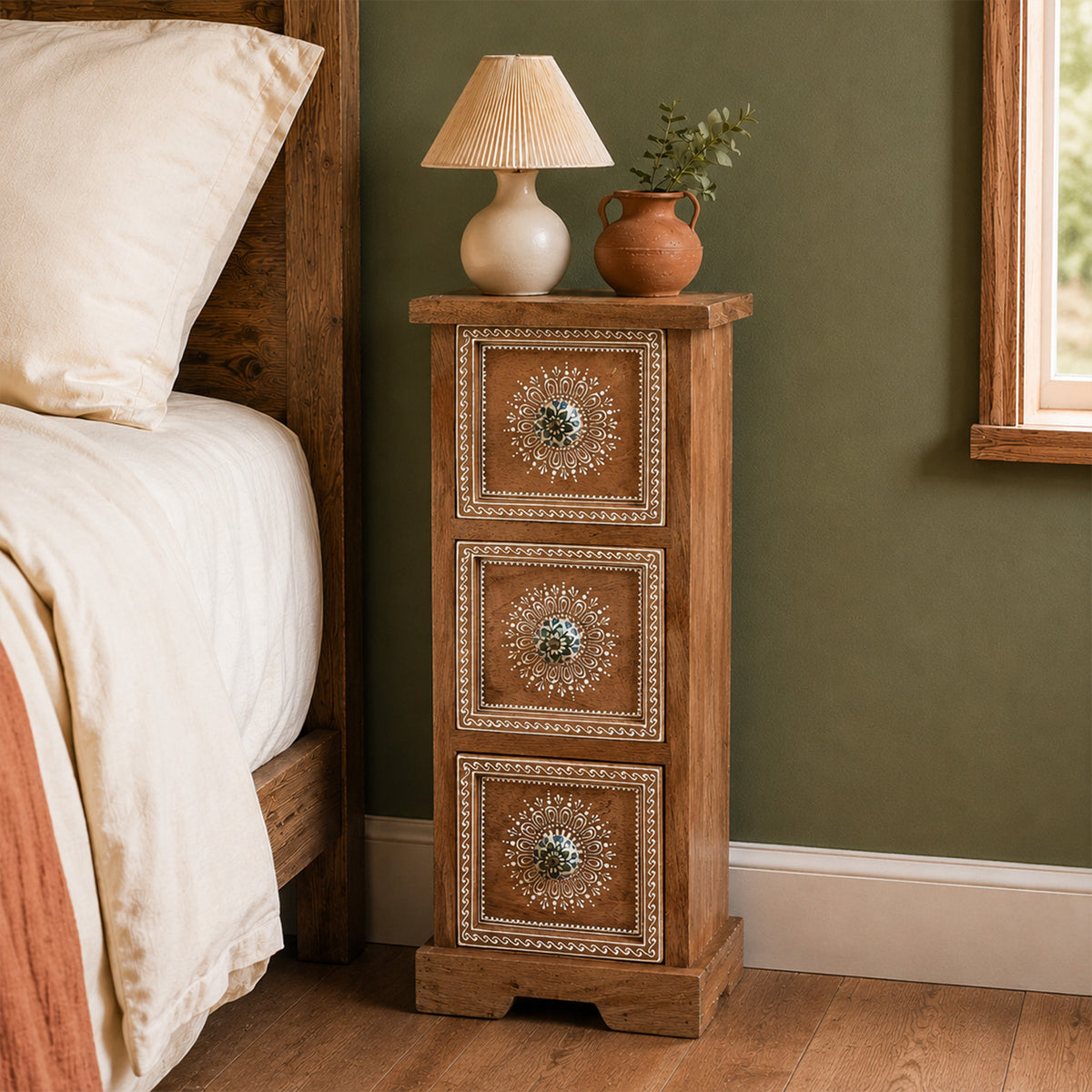 LIVMORE Mango Wood Handcrafted Wooden 3 Drawer Rack with Handpainted Floral design (Size- 20X16.5x48 cm)- White 8635991 1