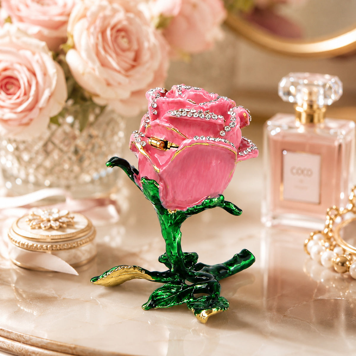 LIVMORE Rose Flower Enamelled Metal Jewellery Trinket Box (10cm) - Pink 8635995 2