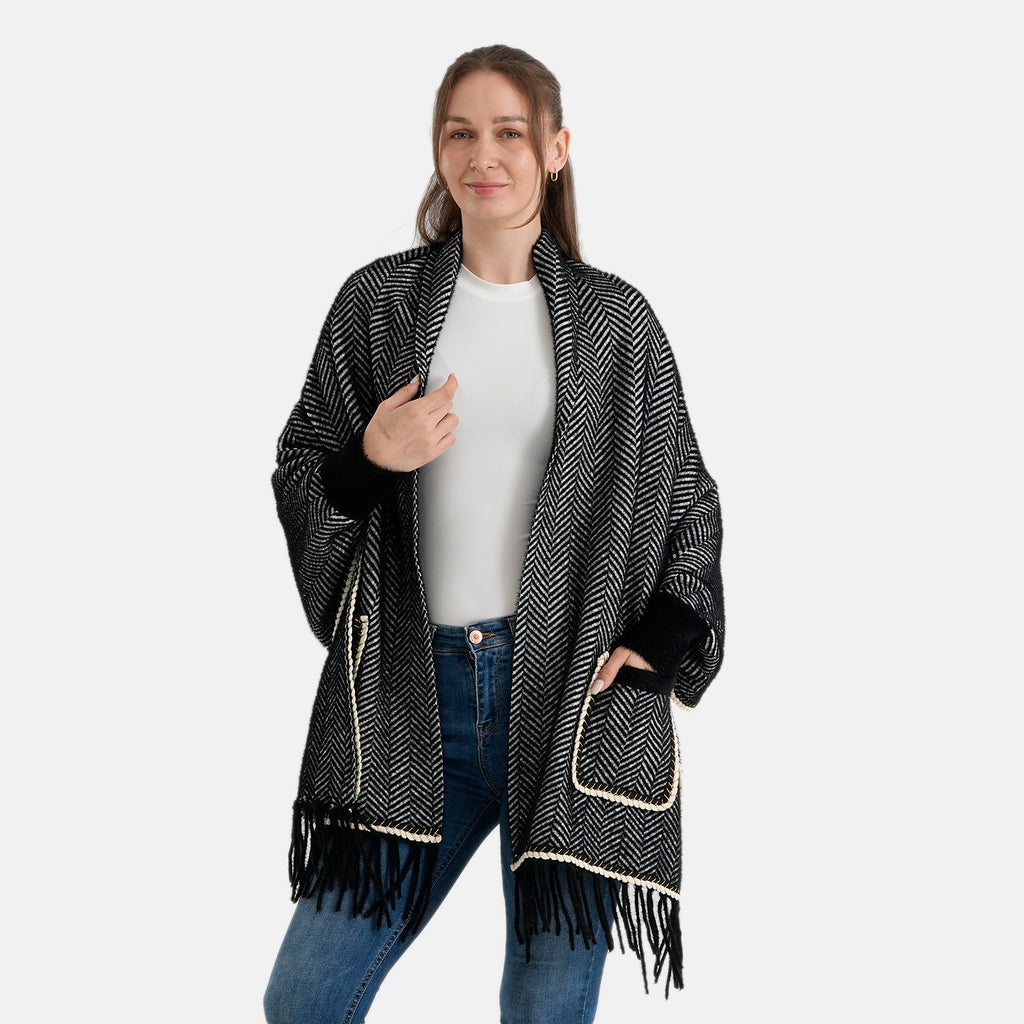 La Marey Womens Striped Tassel Poncho with Pockets (One Size, 8-18) - Black_8636693
