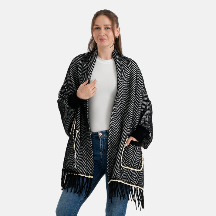 La Marey Womens Striped Tassel Poncho Cardigan with Pockets (One Size) - Black 8636693 1