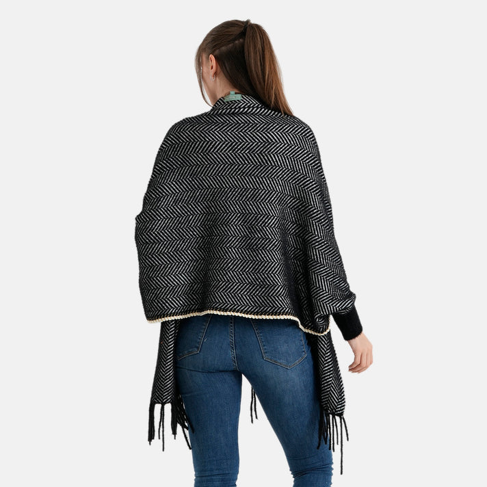 La Marey Womens Striped Tassel Poncho Cardigan with Pockets (One Size) - Black 8636693 2