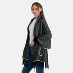 La Marey Womens Striped Tassel Poncho with Pockets (One Size, 8-18) - Black_8636693_2