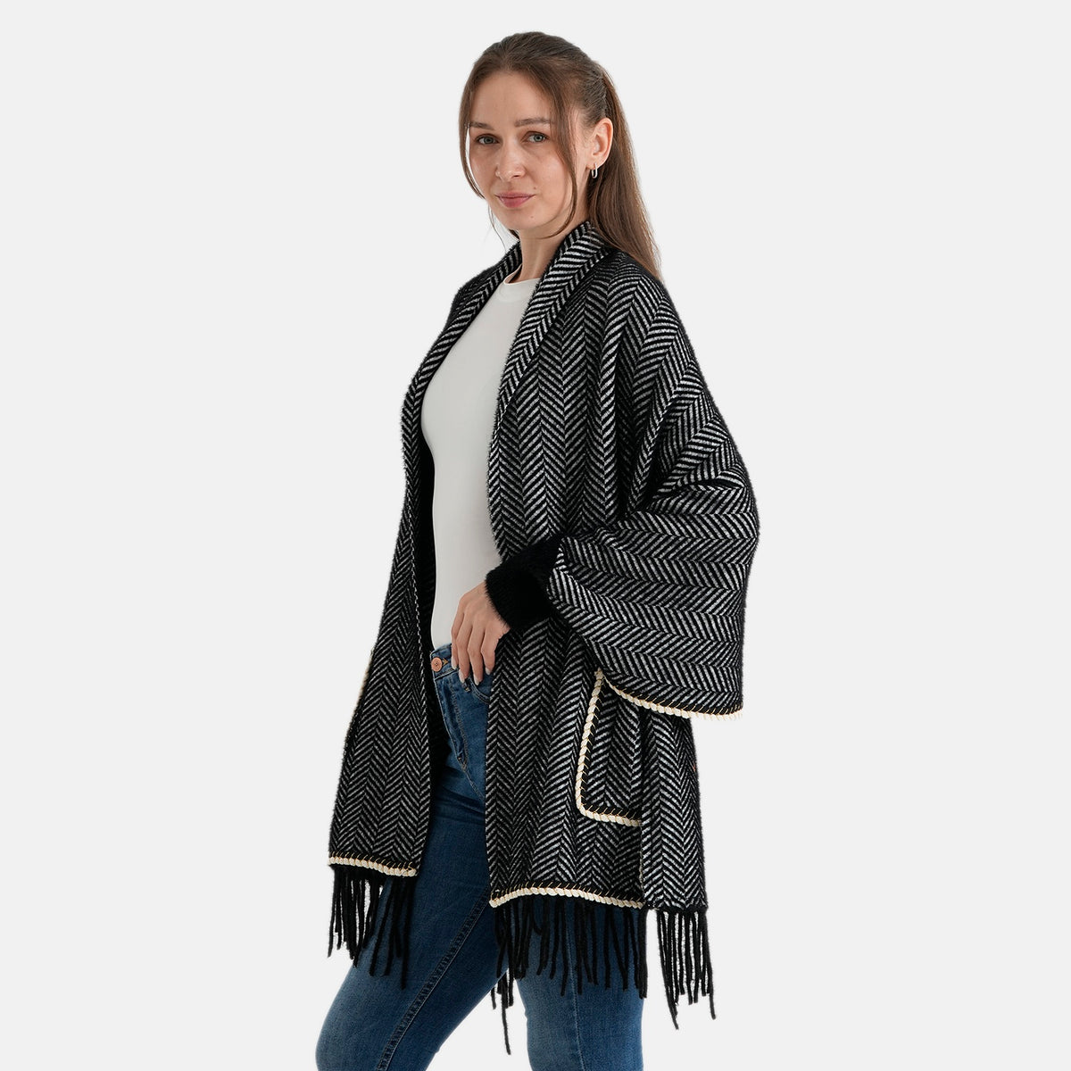 La Marey Womens Striped Tassel Poncho Cardigan with Pockets (One Size) - Black 8636693 3