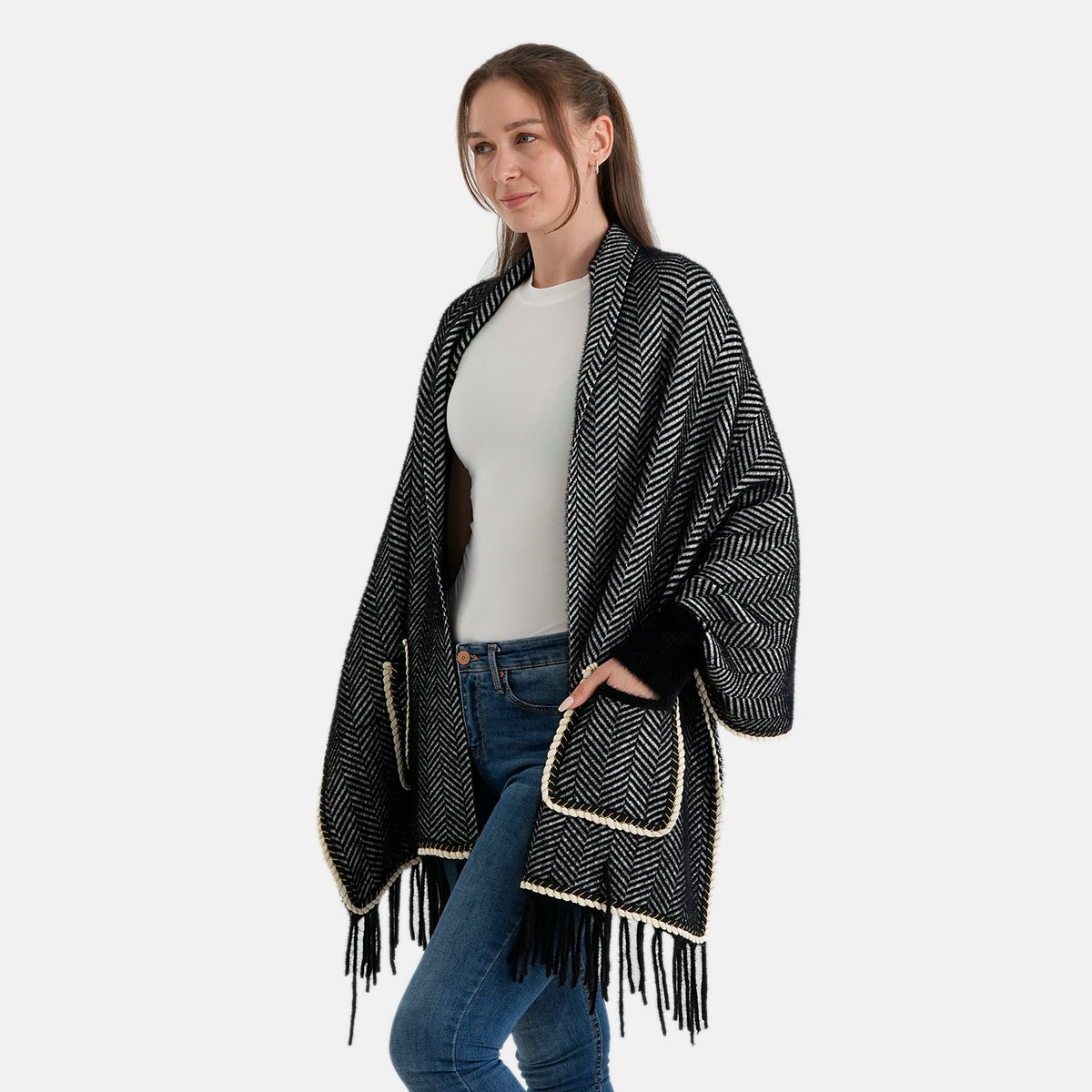 La Marey Womens Striped Tassel Poncho Cardigan with Pockets (One Size) - Black 8636693 4