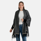 La Marey Womens Striped Tassel Poncho with Pockets (One Size, 8-18) - Black_8636693_4