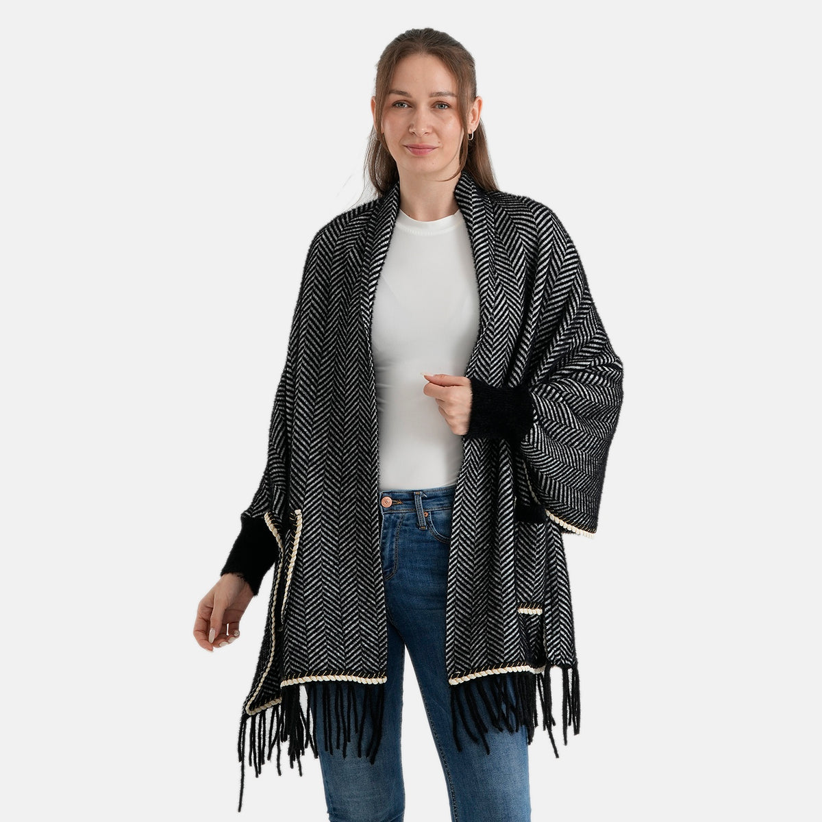 La Marey Womens Striped Tassel Poncho Cardigan with Pockets (One Size) - Black 8636693 5
