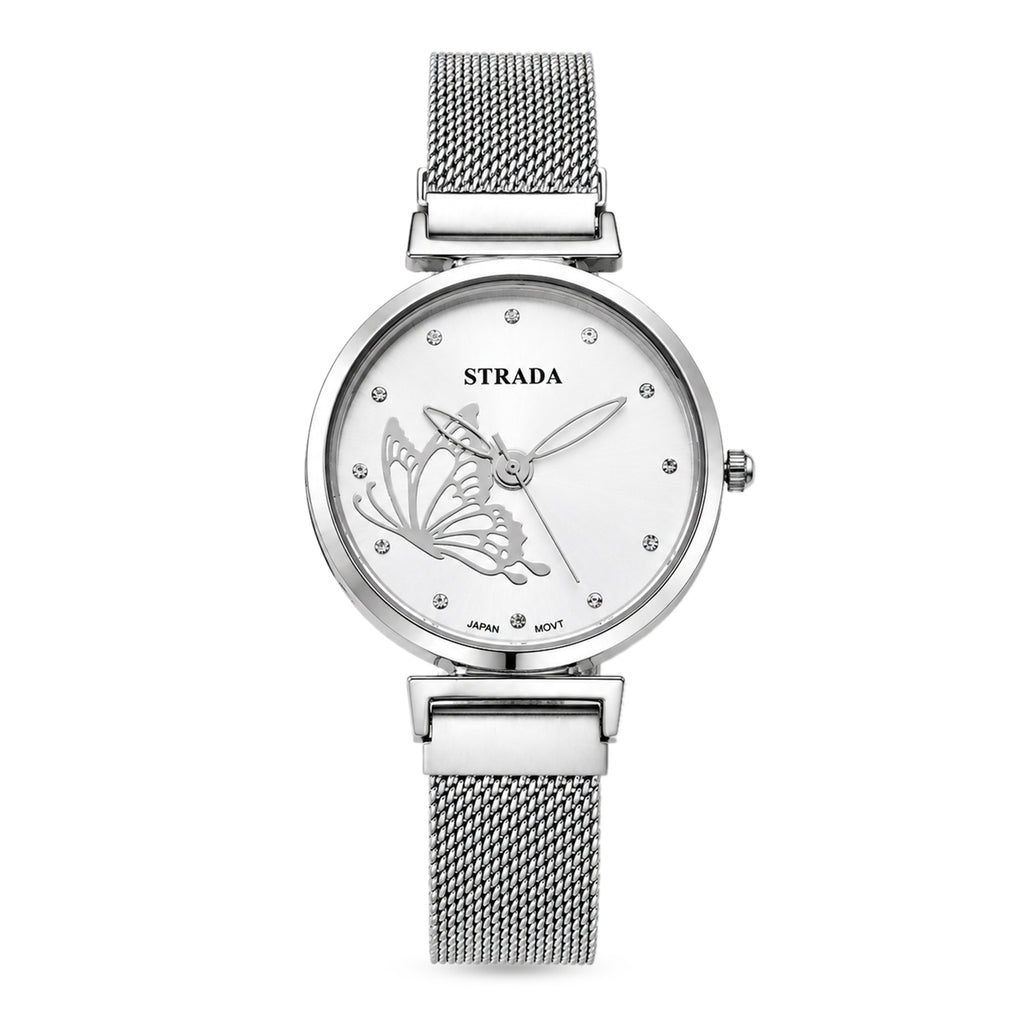 STRADA Butterfly PC21S Japan Movement Water Resistant White Sunray Crystal Butterfly Dial & Silver Plated Alloy Case Womens Watch with Stainless Steel Mesh Magnet Strap_8636699