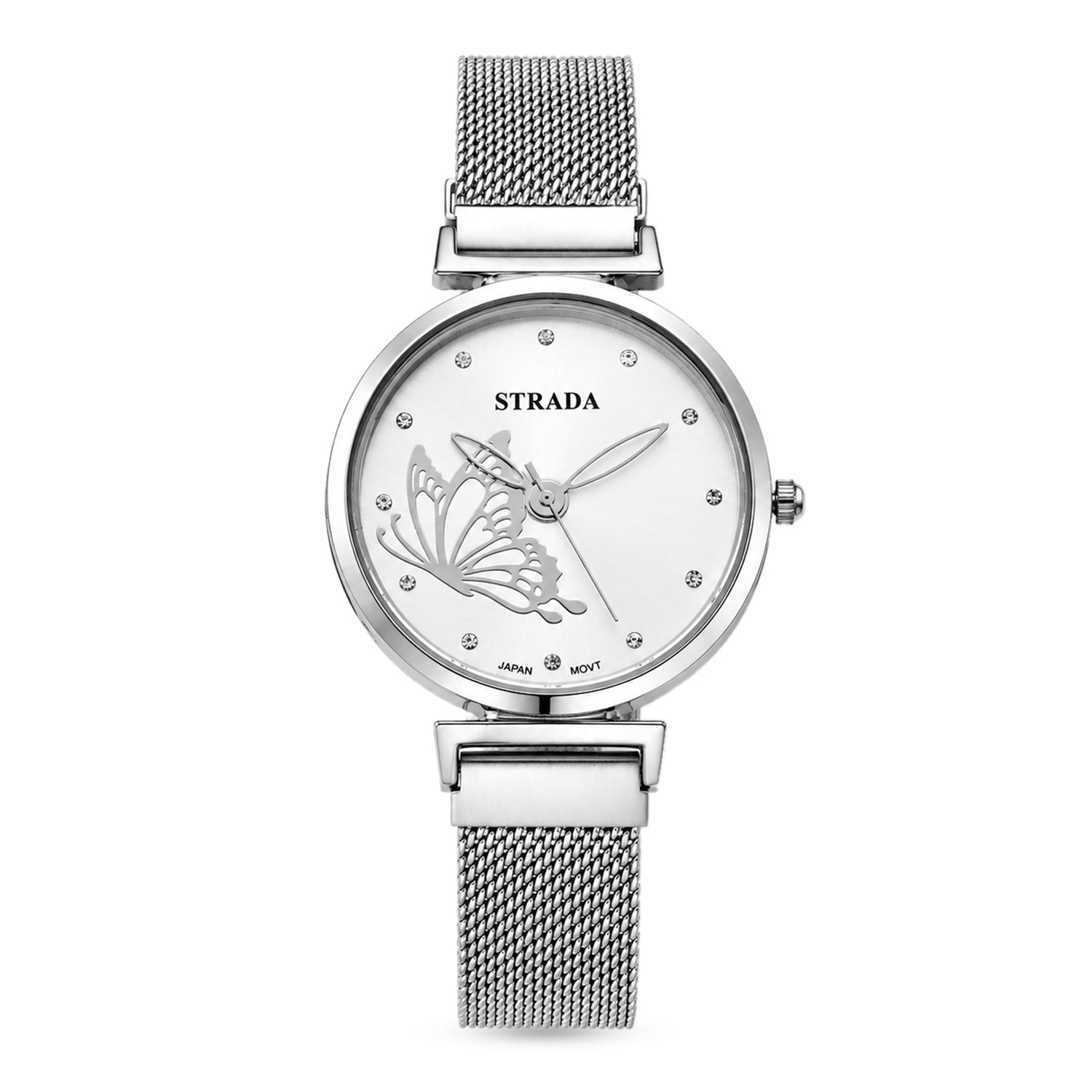 STRADA Butterfly PC21S Japan Movement Water Resistant White Sunray Crystal Butterfly Dial &amp; Silver Plated Alloy Case Womens Watch with Stainless Steel Mesh Magnet Strap 8636699 0