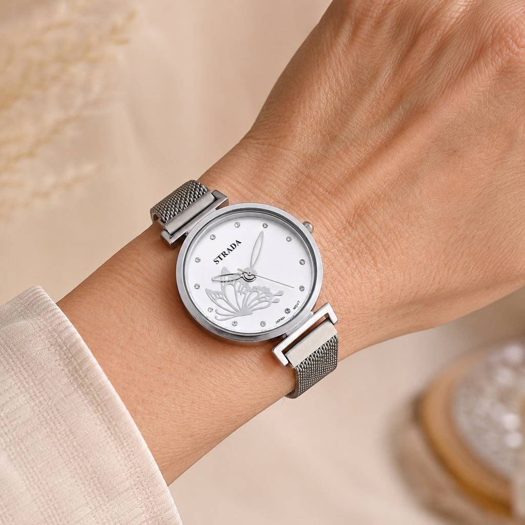 STRADA Butterfly PC21S Japan Movement Water Resistant White Sunray Crystal Butterfly Dial & Silver Plated Alloy Case Womens Watch with Stainless Steel Mesh Magnet Strap_8636699_1