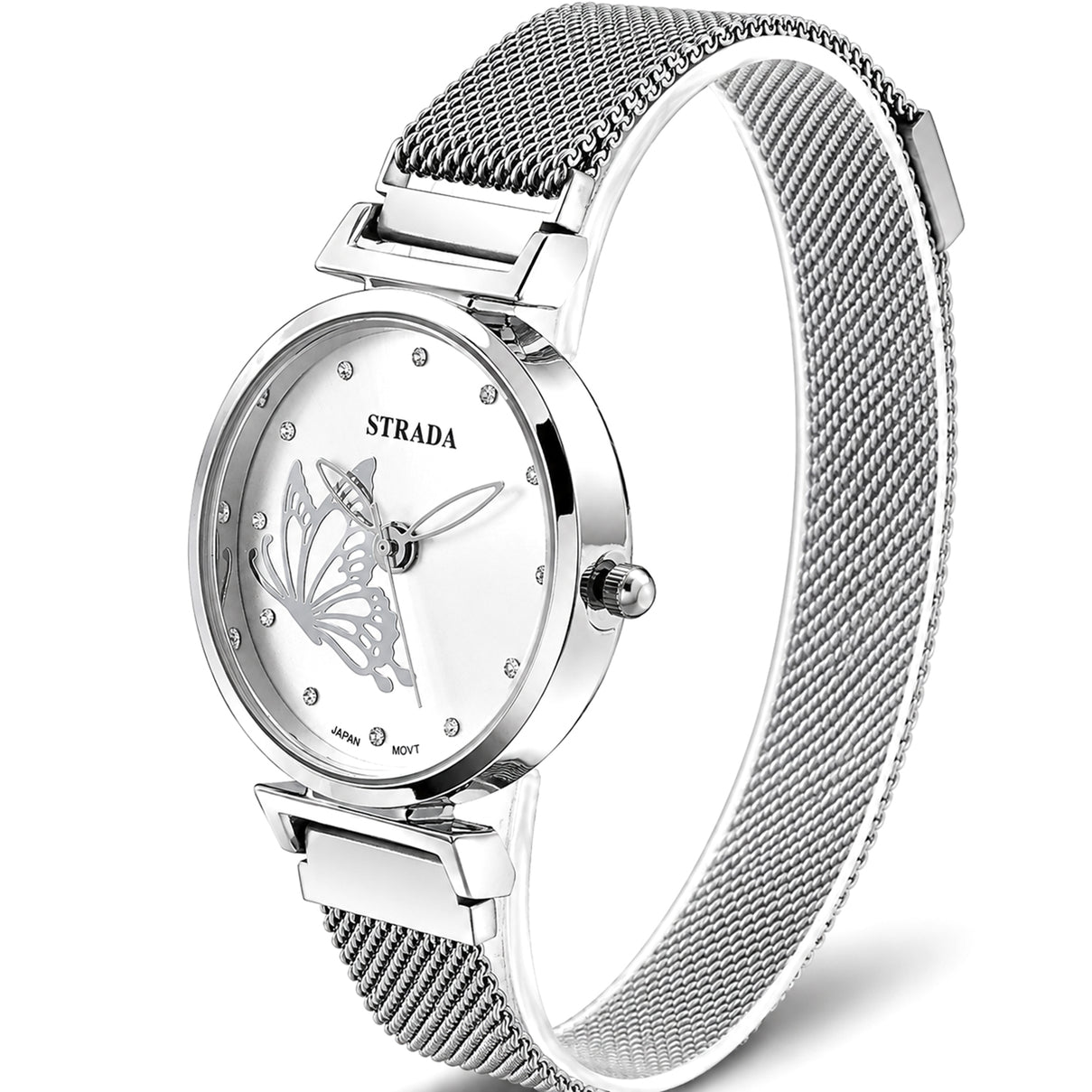 STRADA Butterfly PC21S Japan Movement Water Resistant White Sunray Crystal Butterfly Dial &amp; Silver Plated Alloy Case Womens Watch with Stainless Steel Mesh Magnet Strap 8636699 3