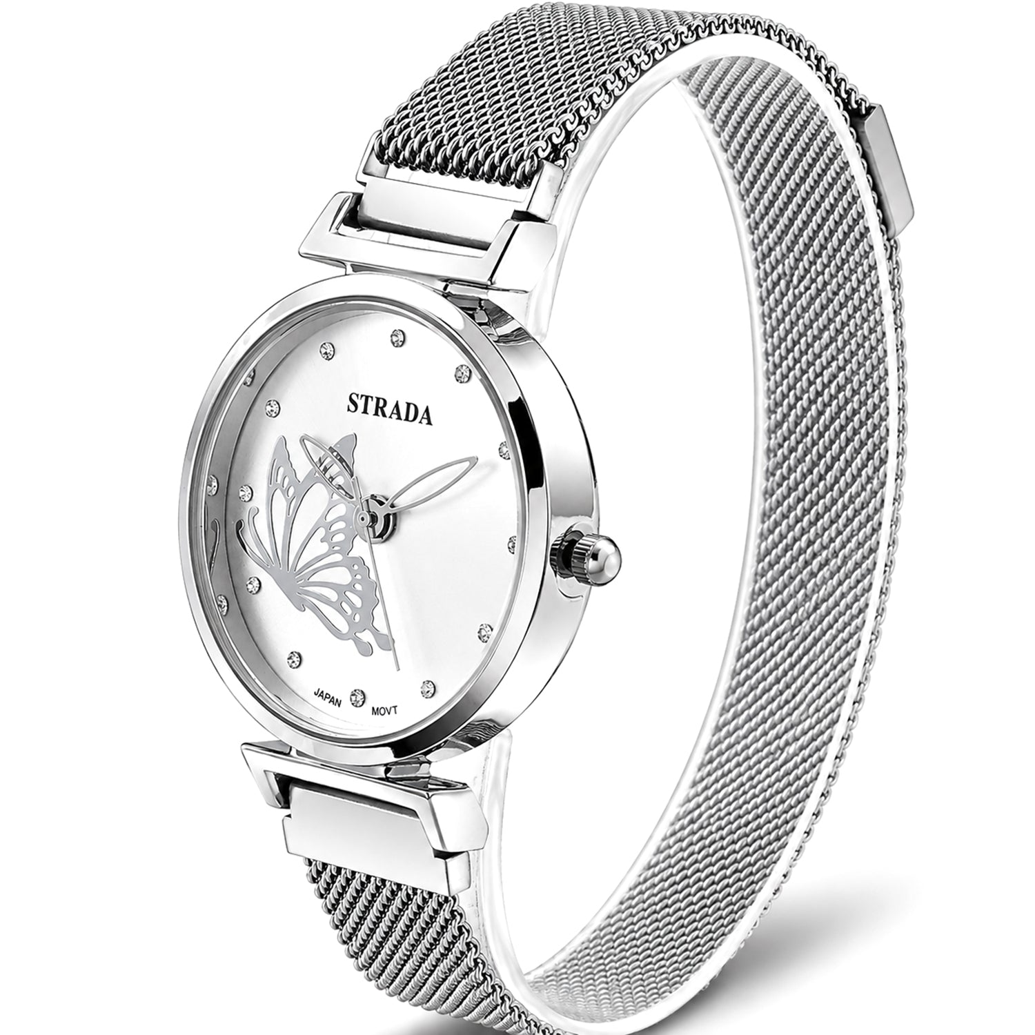 STRADA Butterfly PC21S Japan Movement Water Resistant White Sunray Crystal Butterfly Dial &amp; Silver Plated Alloy Case Womens Watch with Stainless Steel Mesh Magnet Strap 8636699 3