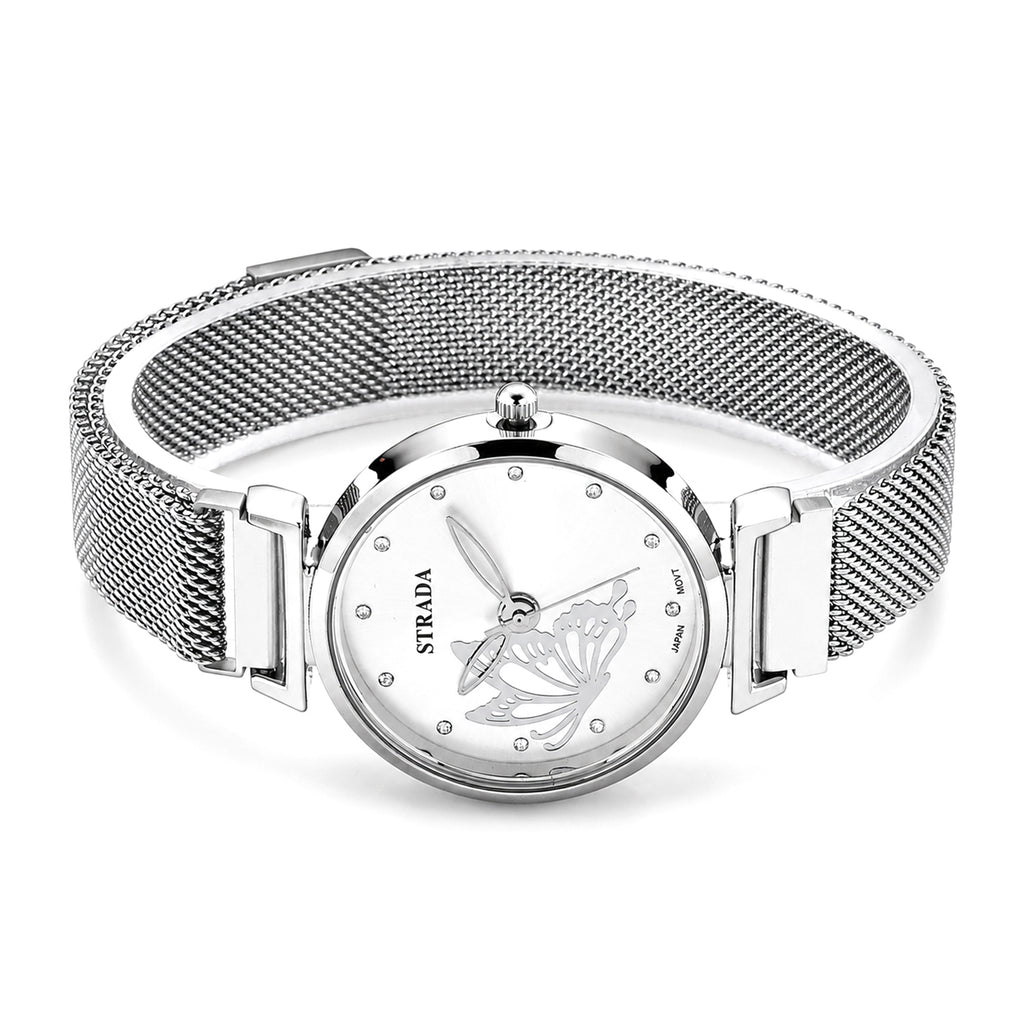 STRADA Butterfly PC21S Japan Movement Water Resistant White Sunray Crystal Butterfly Dial & Silver Plated Alloy Case Womens Watch with Stainless Steel Mesh Magnet Strap_8636699_3