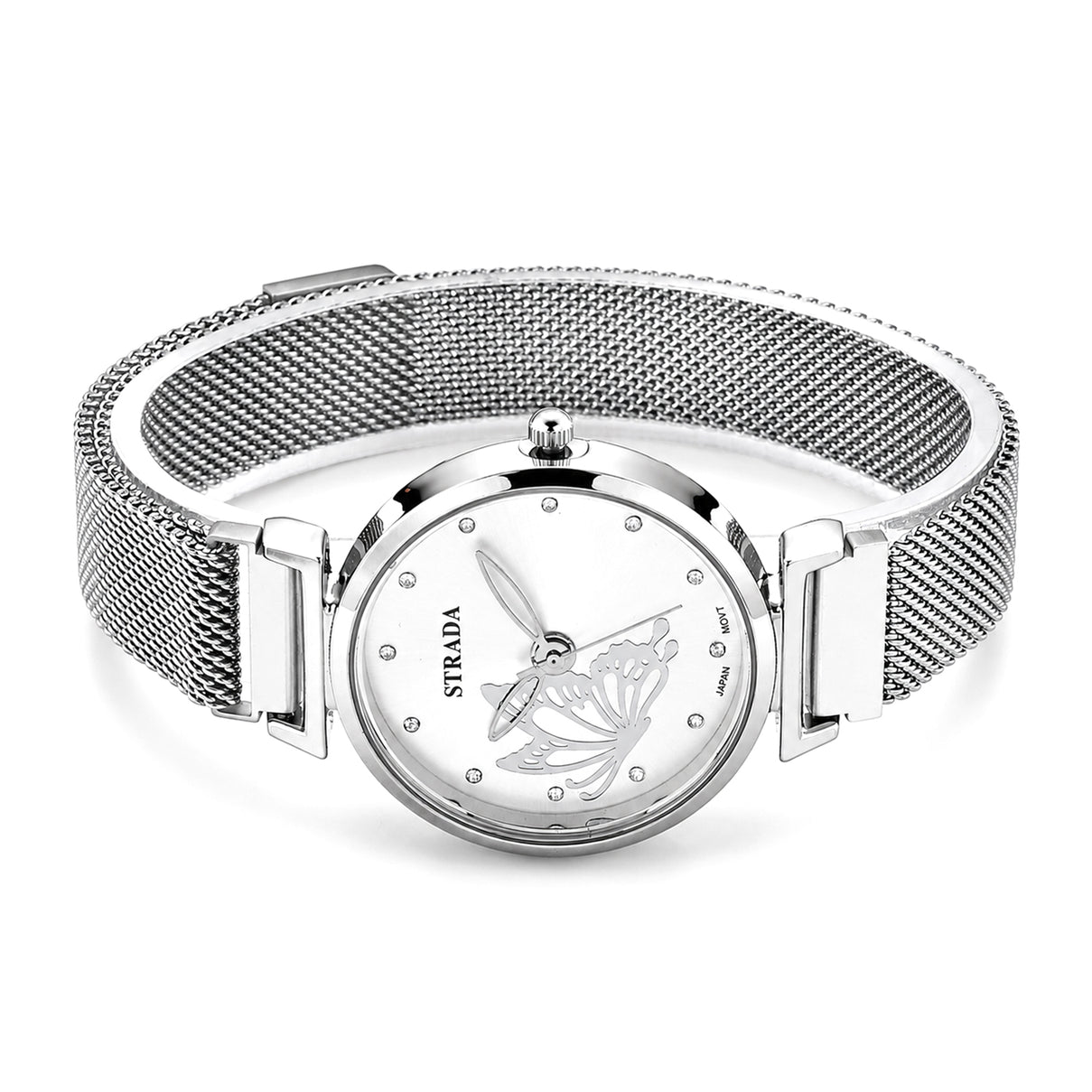 STRADA Butterfly PC21S Japan Movement Water Resistant White Sunray Crystal Butterfly Dial &amp; Silver Plated Alloy Case Womens Watch with Stainless Steel Mesh Magnet Strap 8636699 4