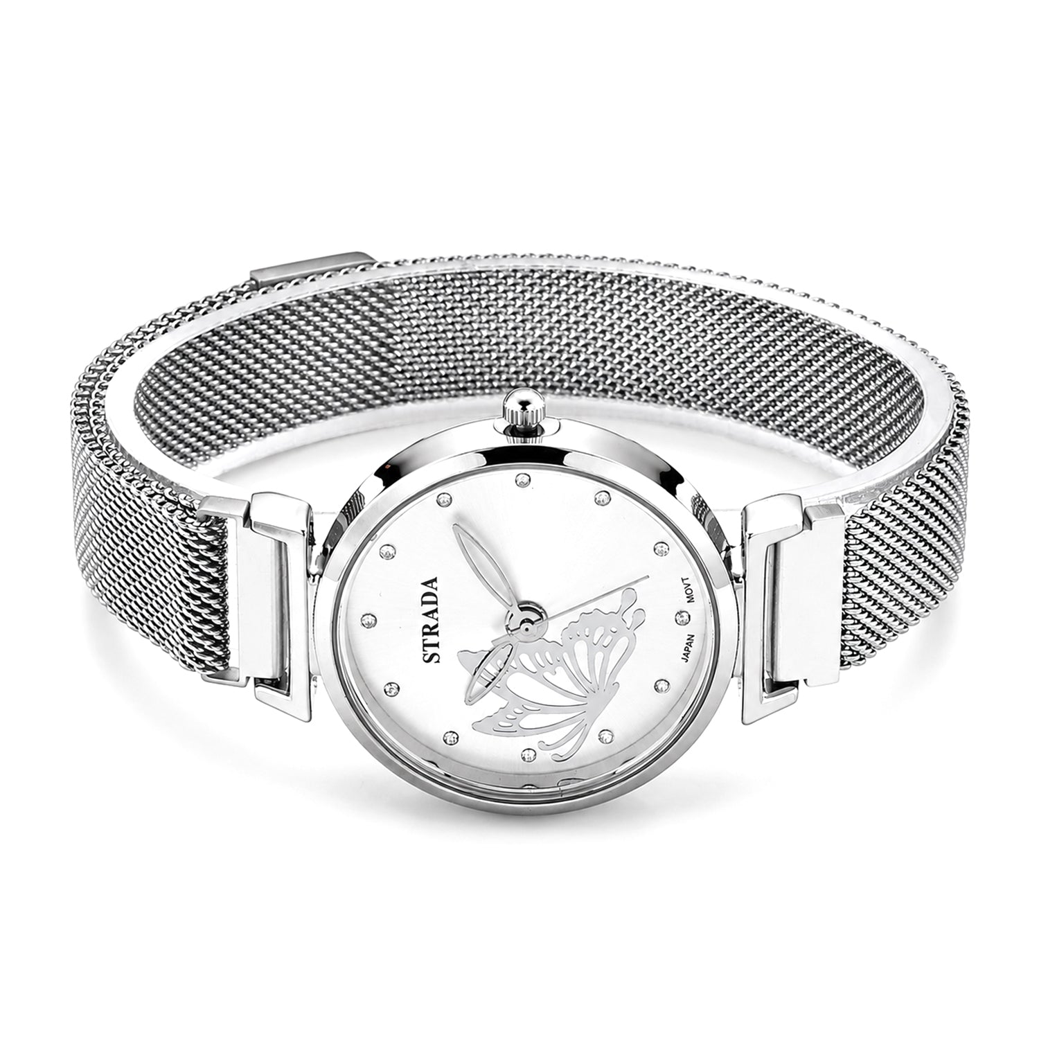 STRADA Butterfly PC21S Japan Movement Water Resistant White Sunray Crystal Butterfly Dial &amp; Silver Plated Alloy Case Womens Watch with Stainless Steel Mesh Magnet Strap 8636699 4