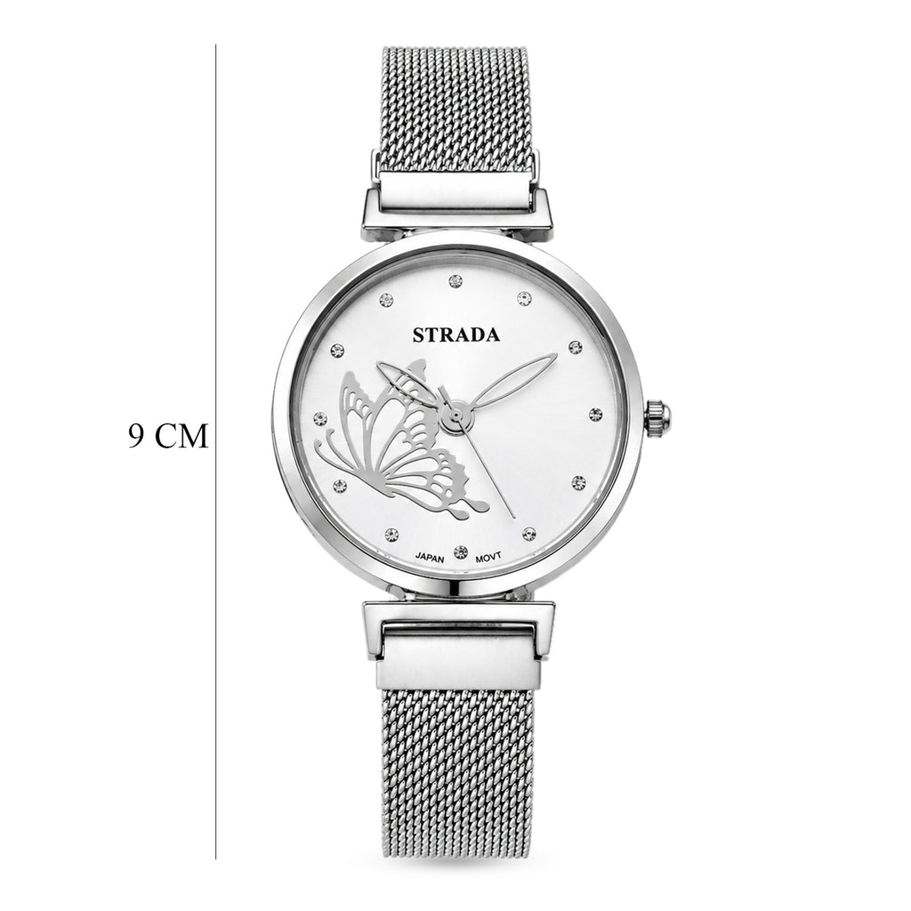 STRADA Butterfly PC21S Japan Movement Water Resistant White Sunray Crystal Butterfly Dial & Silver Plated Alloy Case Womens Watch with Stainless Steel Mesh Magnet Strap_8636699_6