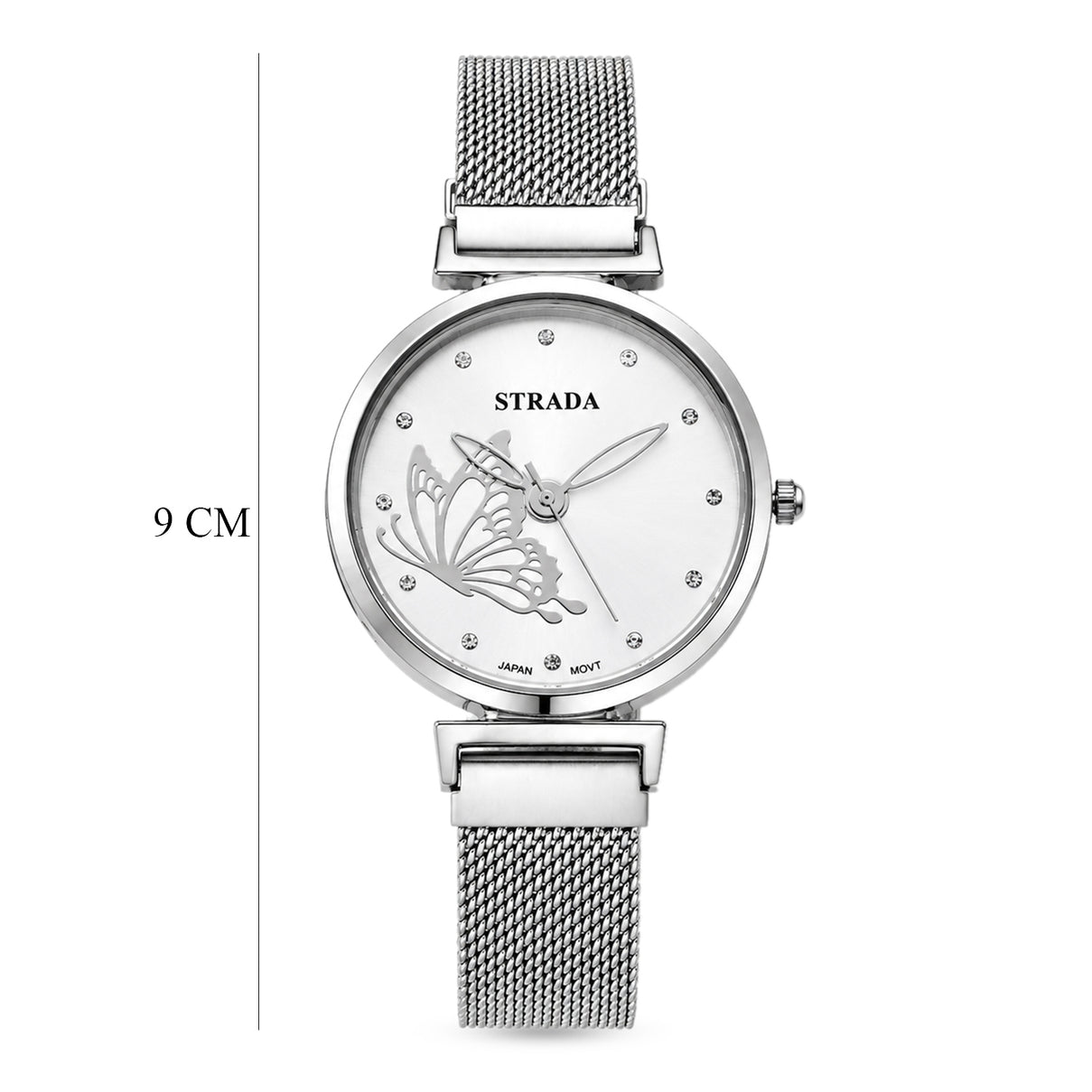 STRADA Butterfly PC21S Japan Movement Water Resistant White Sunray Crystal Butterfly Dial &amp; Silver Plated Alloy Case Womens Watch with Stainless Steel Mesh Magnet Strap 8636699 7