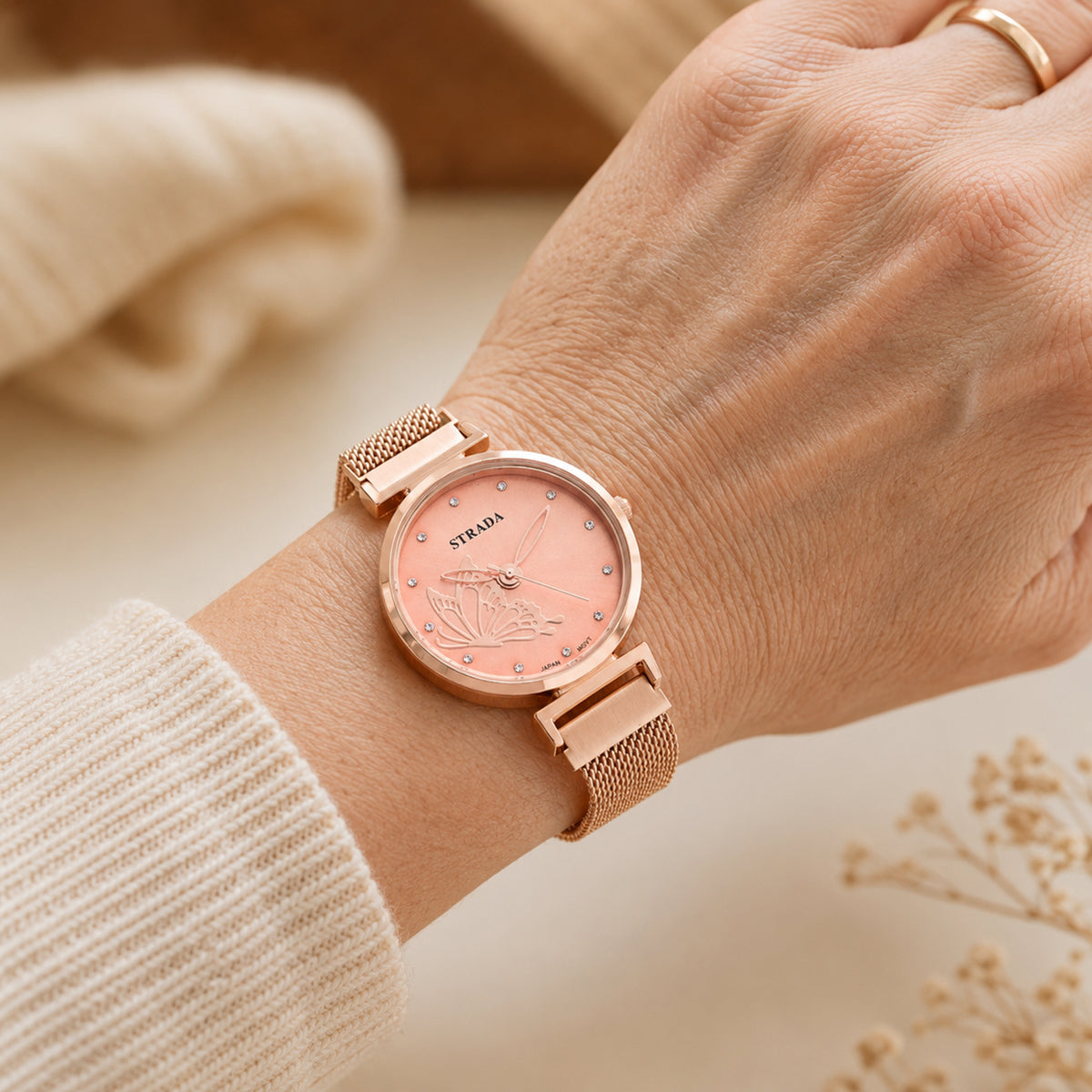 STRADA Butterfly PC21S Japan Movement Water Resistant Rose Gold Sunray Crystal Butterfly Dial &amp; Rose Gold Plated Case Womens Watch with Stainless Steel Mesh Magnet Strap 8636703 2