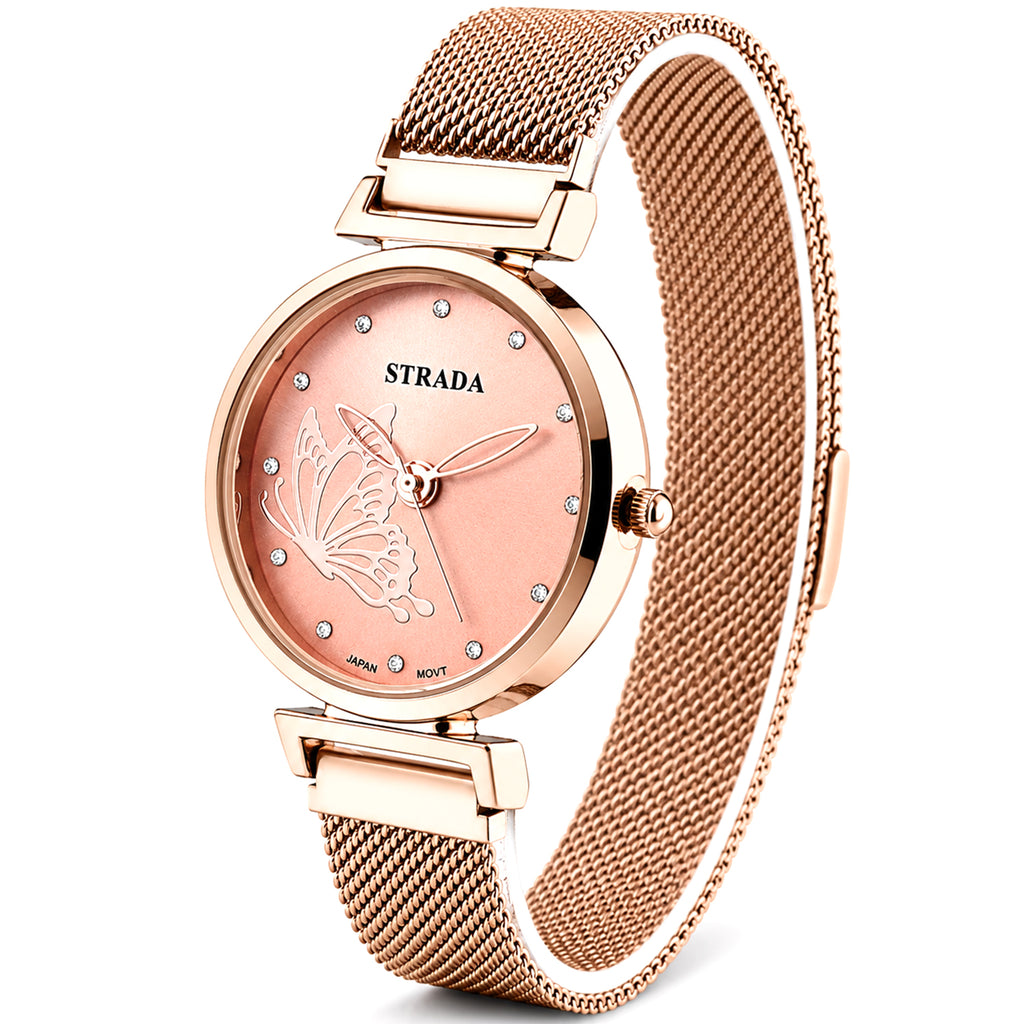 STRADA Butterfly PC21S Japan Movement Water Resistant Rose Gold Sunray Crystal Butterfly Dial & Rose Gold Plated Case Womens Watch with Stainless Steel Mesh Magnet Strap_8636703_2