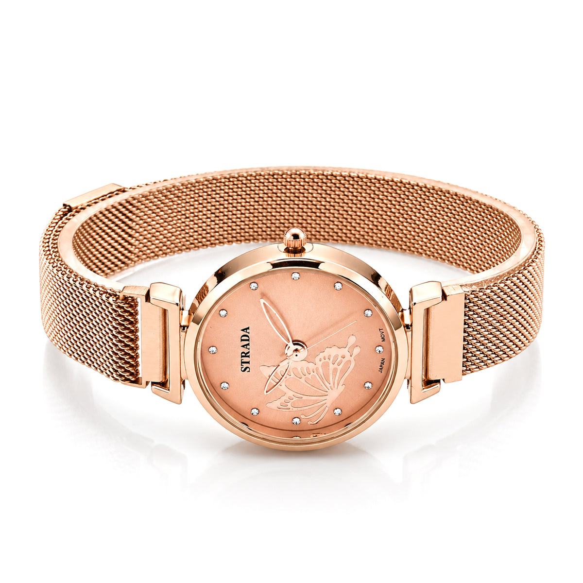 STRADA Butterfly PC21S Japan Movement Water Resistant Rose Gold Sunray Crystal Butterfly Dial &amp; Rose Gold Plated Case Womens Watch with Stainless Steel Mesh Magnet Strap 8636703 4
