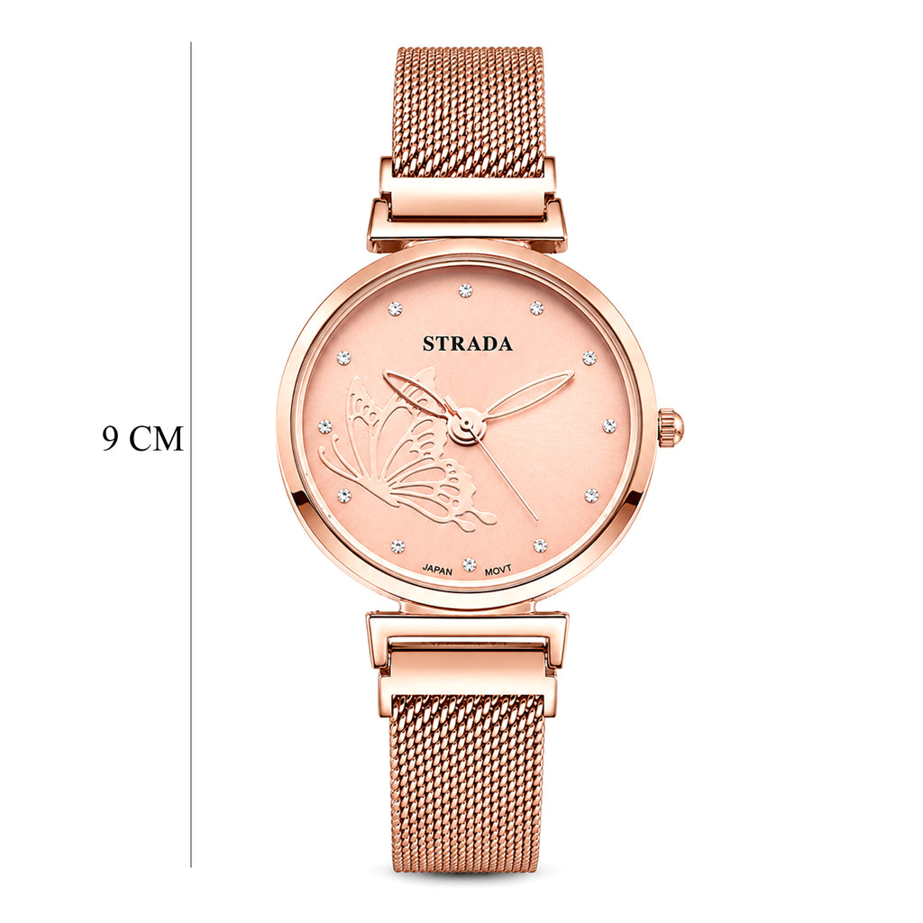 STRADA Butterfly PC21S Japan Movement Water Resistant Rose Gold Sunray Crystal Butterfly Dial & Rose Gold Plated Case Womens Watch with Stainless Steel Mesh Magnet Strap_8636703_6