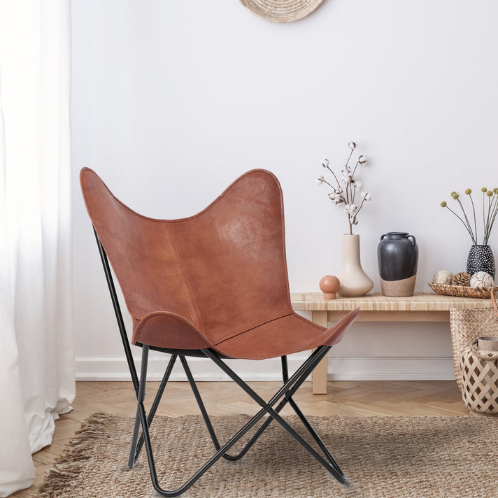 LIVMORE Genuine Leather Butterfly Chair with Metal Frame (91.44 x 71.12 cm) - Dark Brown 8636720 2