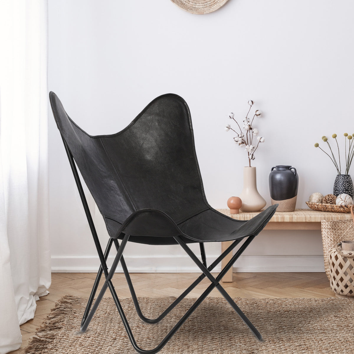 LIVMORE Genuine Leather Butterfly Chair with Metal Frame (91.44 x 71.12 cm) - Black 8636721 1