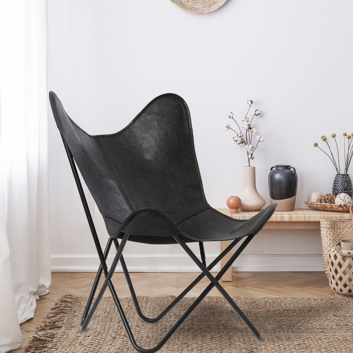 LIVMORE Genuine Leather Butterfly Chair with Metal Frame (91.44 x 71.12 cm) - Black 8636721 2