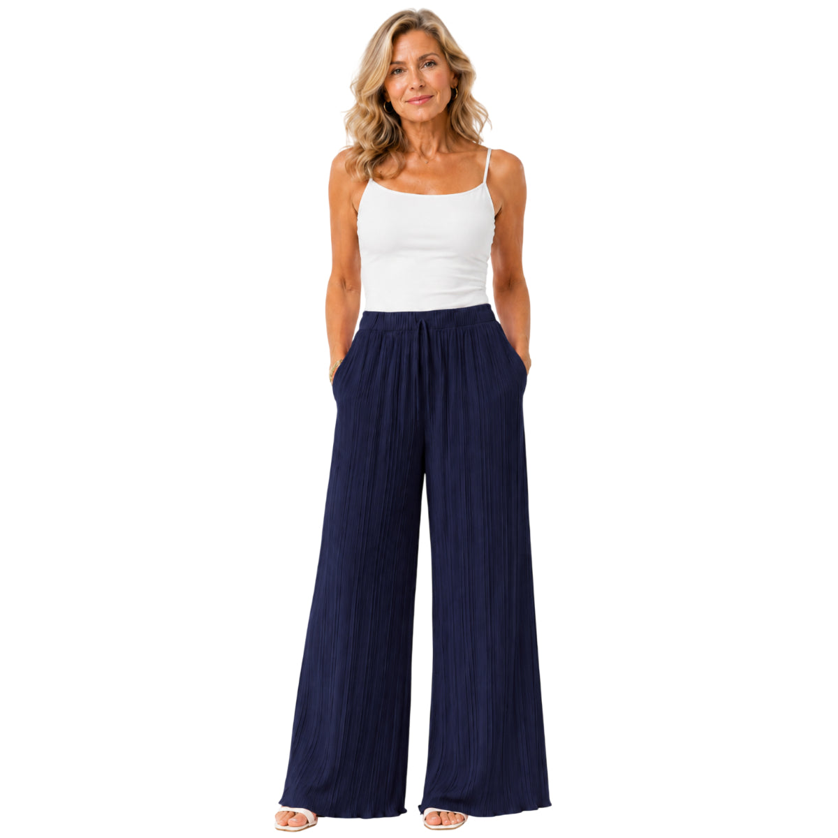 Love Italian Style Crinkle Pleated Trousers With 27 Inch Inseam (Size 10-22) - Navy V32570035 0