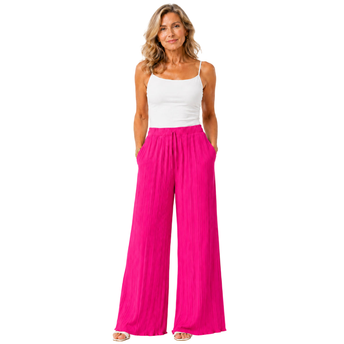 Love Italian Style Crinkle Pleated Trousers With 27 Inch Inseam (Size 10-22) - Hotpink V32565452 0