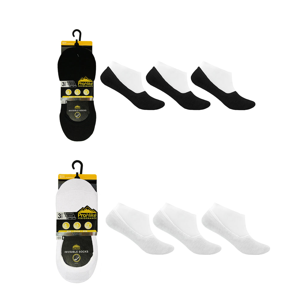 Prohike Mens & Womens Set of 6 invisible Socks (Size 6-11) - Black & White_8636983