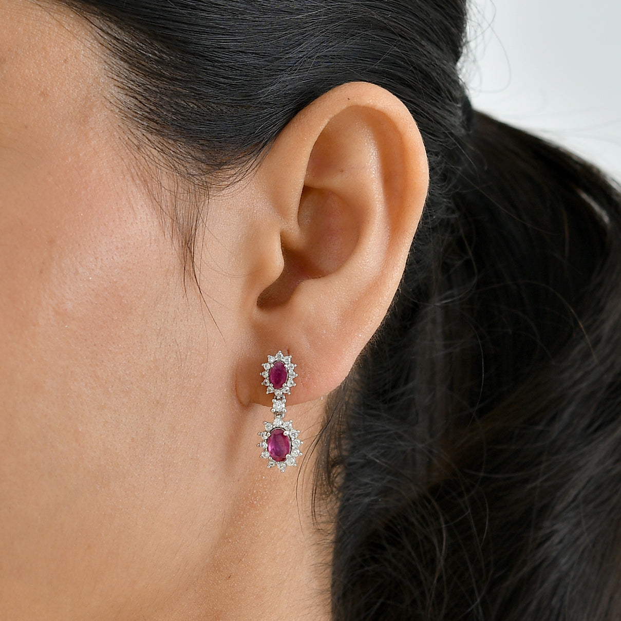 D'Joy - Premium African Ruby &amp; White Zircon Dangling Earring with Push Post in Platinum Overlay Sterling Silver 2.87 Ct. 8638543 1