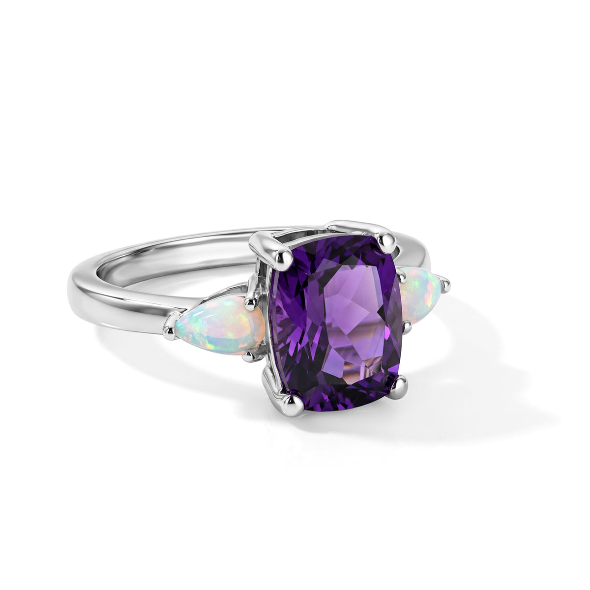 D'Joy - Natural Moroccan Amethyst &amp; Ethiopian Opal Trilogy Ring in Platinum Overlay Sterling Silver 2.43 Ct. 8638705 0