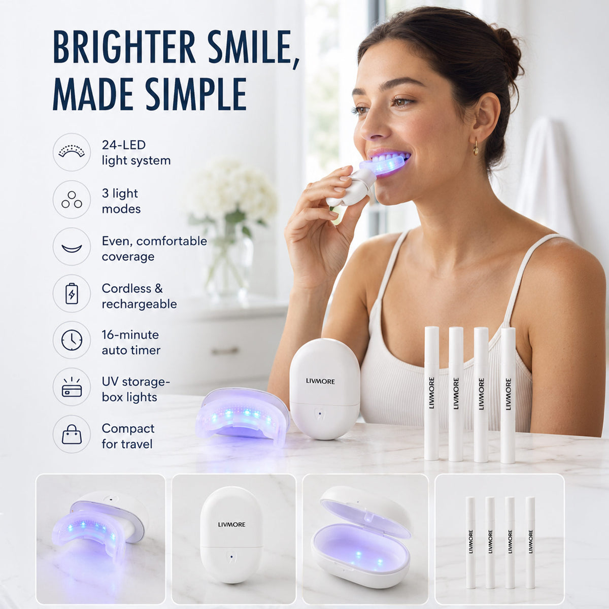 LIVEMORE Advance Teeth Whitening &amp; Disinfection Kit with 24 Red, Blue &amp; Dual Led Lights (Includes 4 Gel Pens) - White 8639706 2
