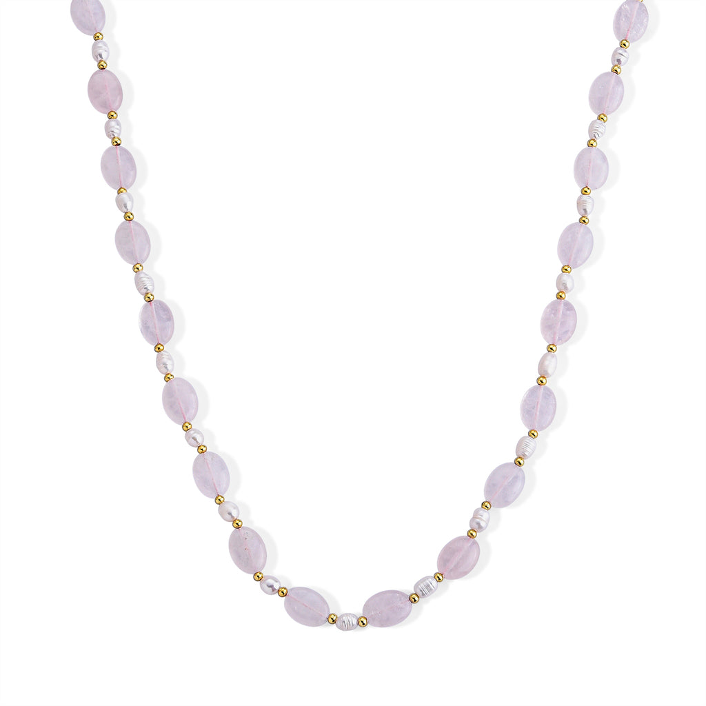Rose Quartz & White Fresh Water Pearl Beads Necklace (Size - 20) with T Bar Clasp 120.00 Ct._8640064