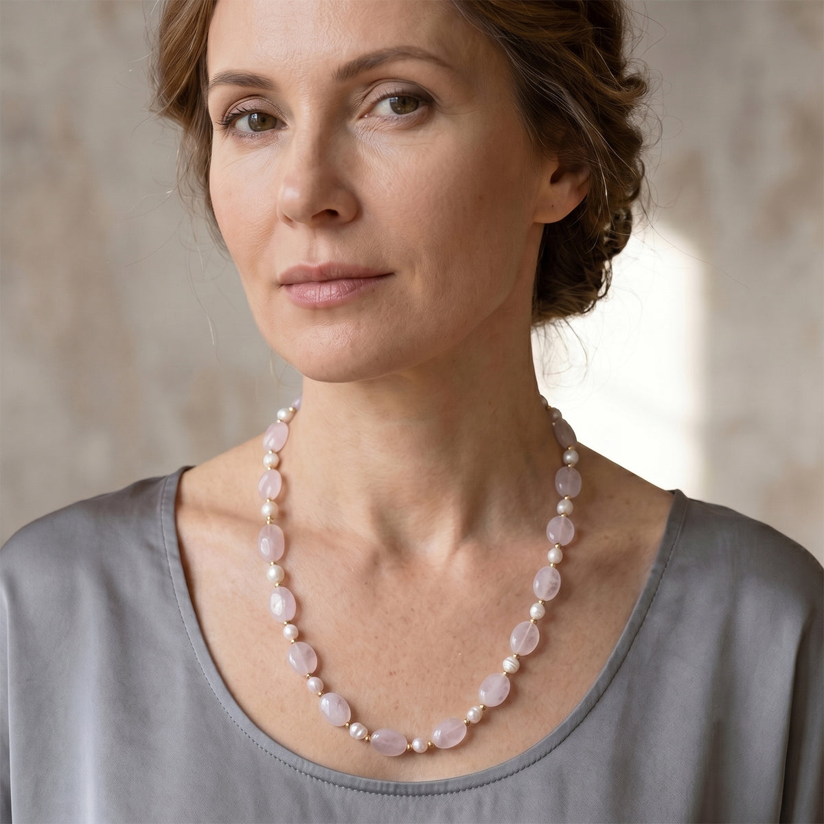 Rose Quartz &amp; White Freshwater Pearl Beads Necklace (Size - 20) with T Bar Clasp V32515898 2
