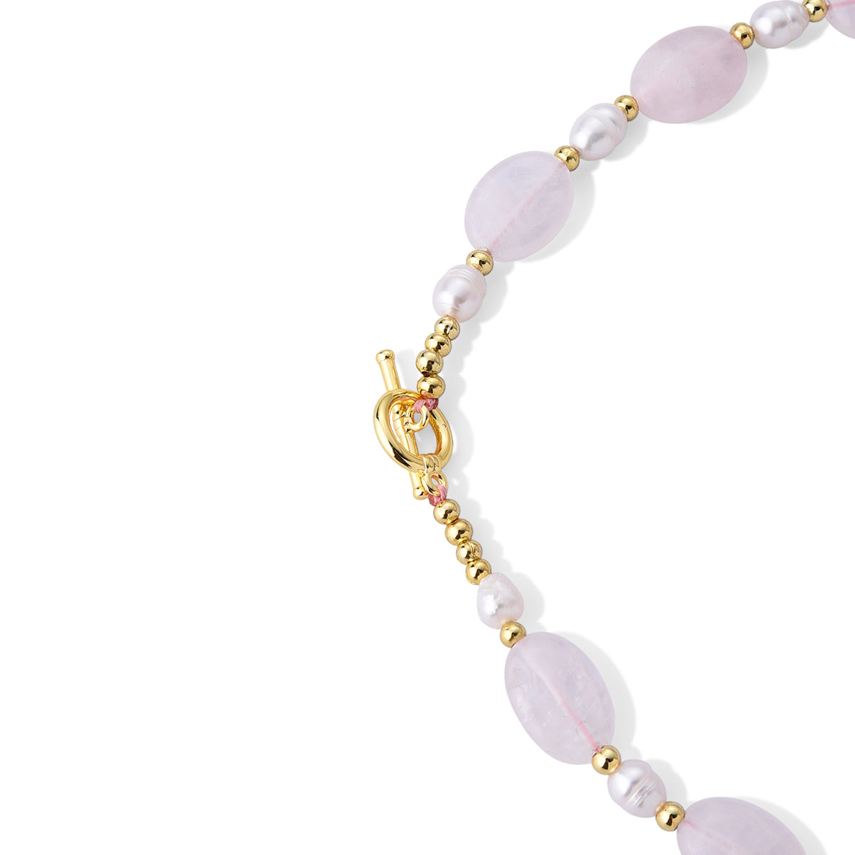 Rose Quartz &amp; White Freshwater Pearl Beads Necklace (Size - 20) with T Bar Clasp V32574674 6