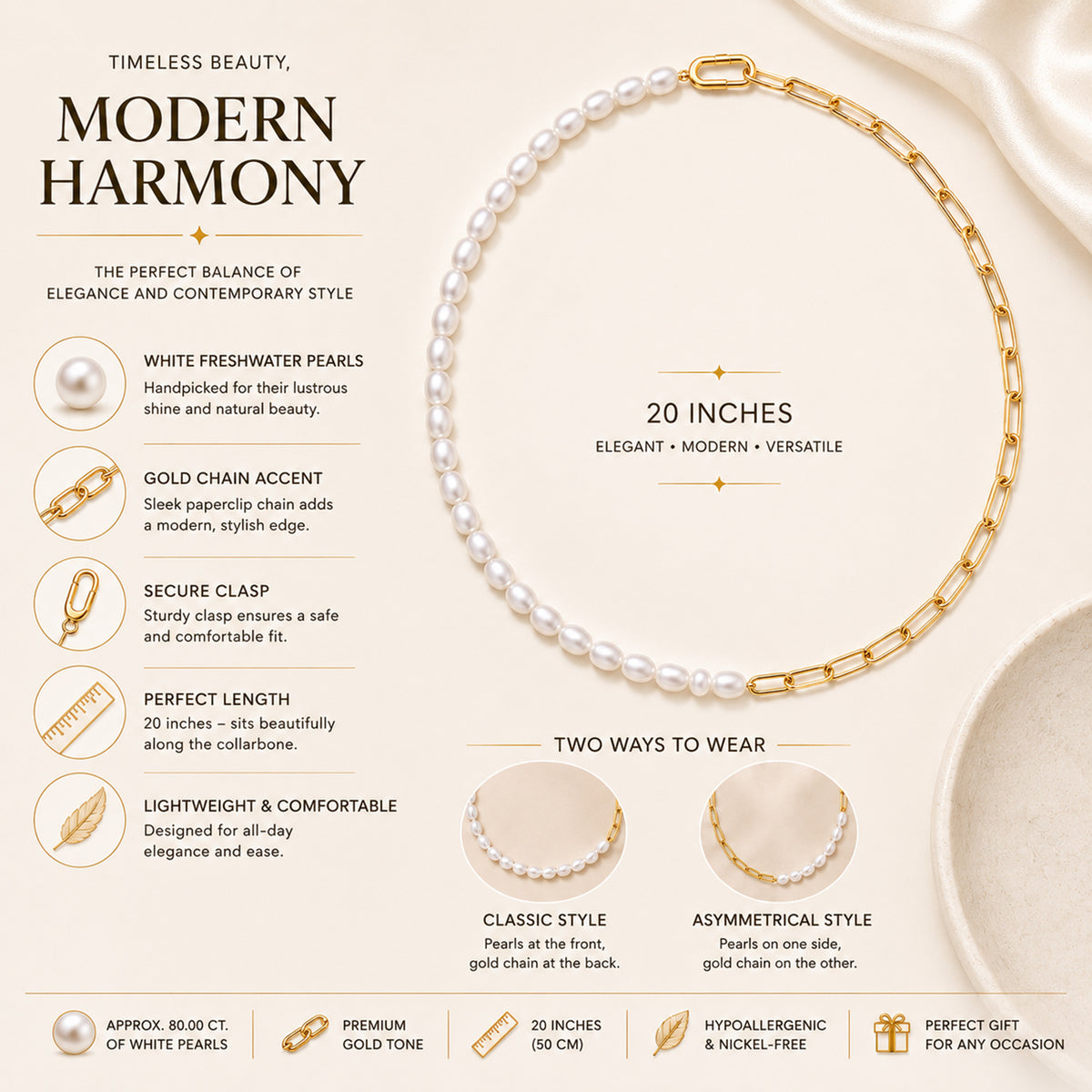White Fresh Water Pearl Beads Necklace (Size - 20) with Clasp 80.00 Ct. V32579713 6