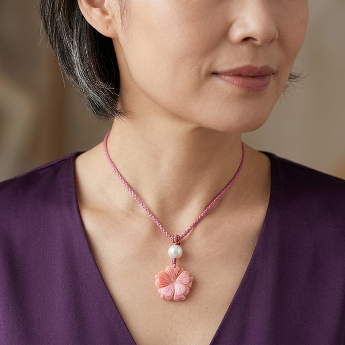 Pink Conch Shell &amp; White Edison Pearl Adjustable Flower Necklace with Cotton Thread (Size - 26) 8640811 2