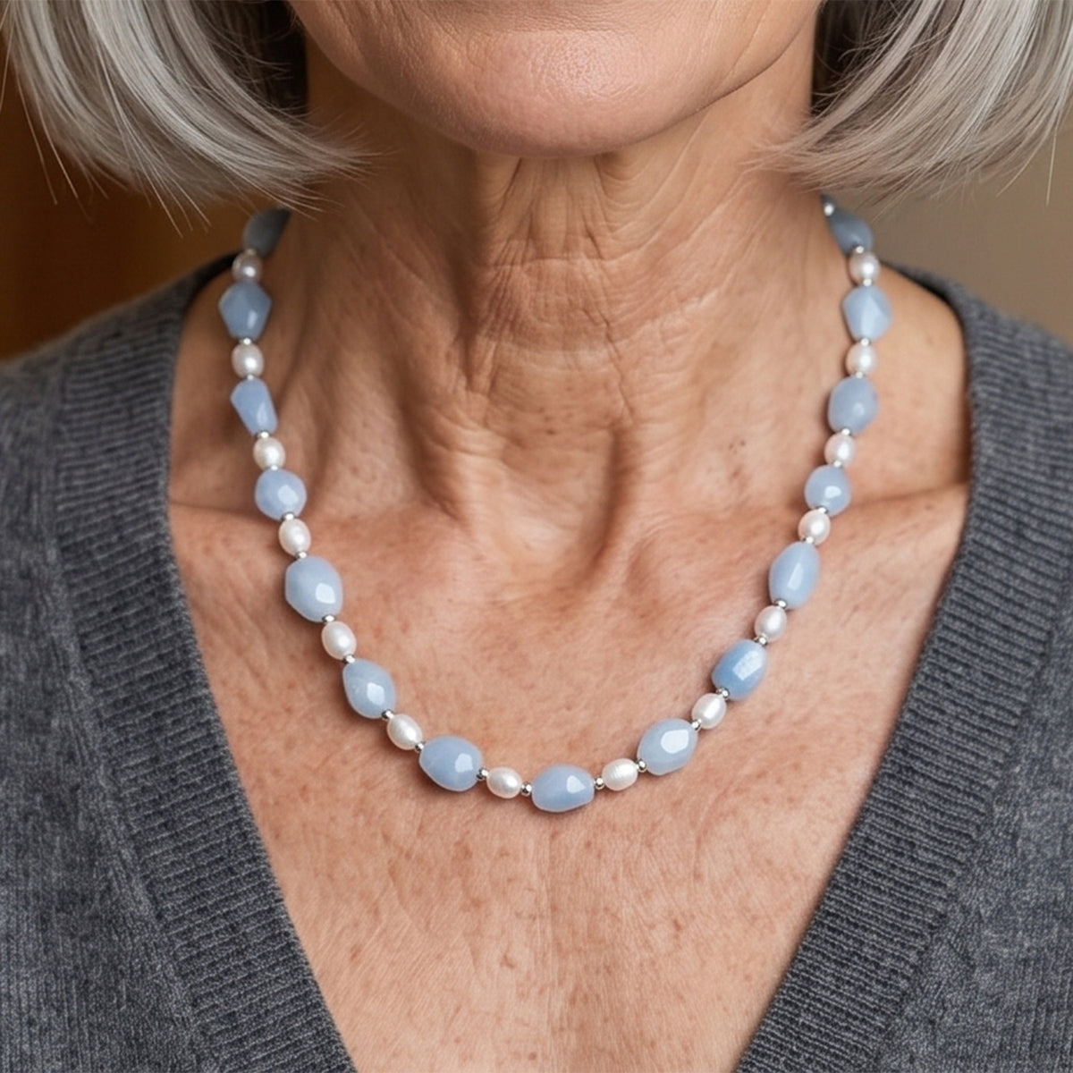 Aquamarine &amp; White Fresh Water Pearl Beads Necklace (Size - 20) with Senorita Clasp 190.00 Ct. V32512867 2