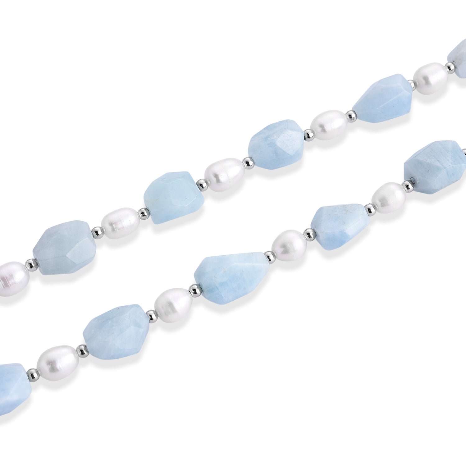 Aquamarine &amp; White Fresh Water Pearl Beads Necklace (Size - 20) with Senorita Clasp 190.00 Ct. V32512867 4